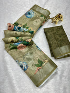 Linen Cotton Saree with Zari Weave Border & Floral Digital Prints