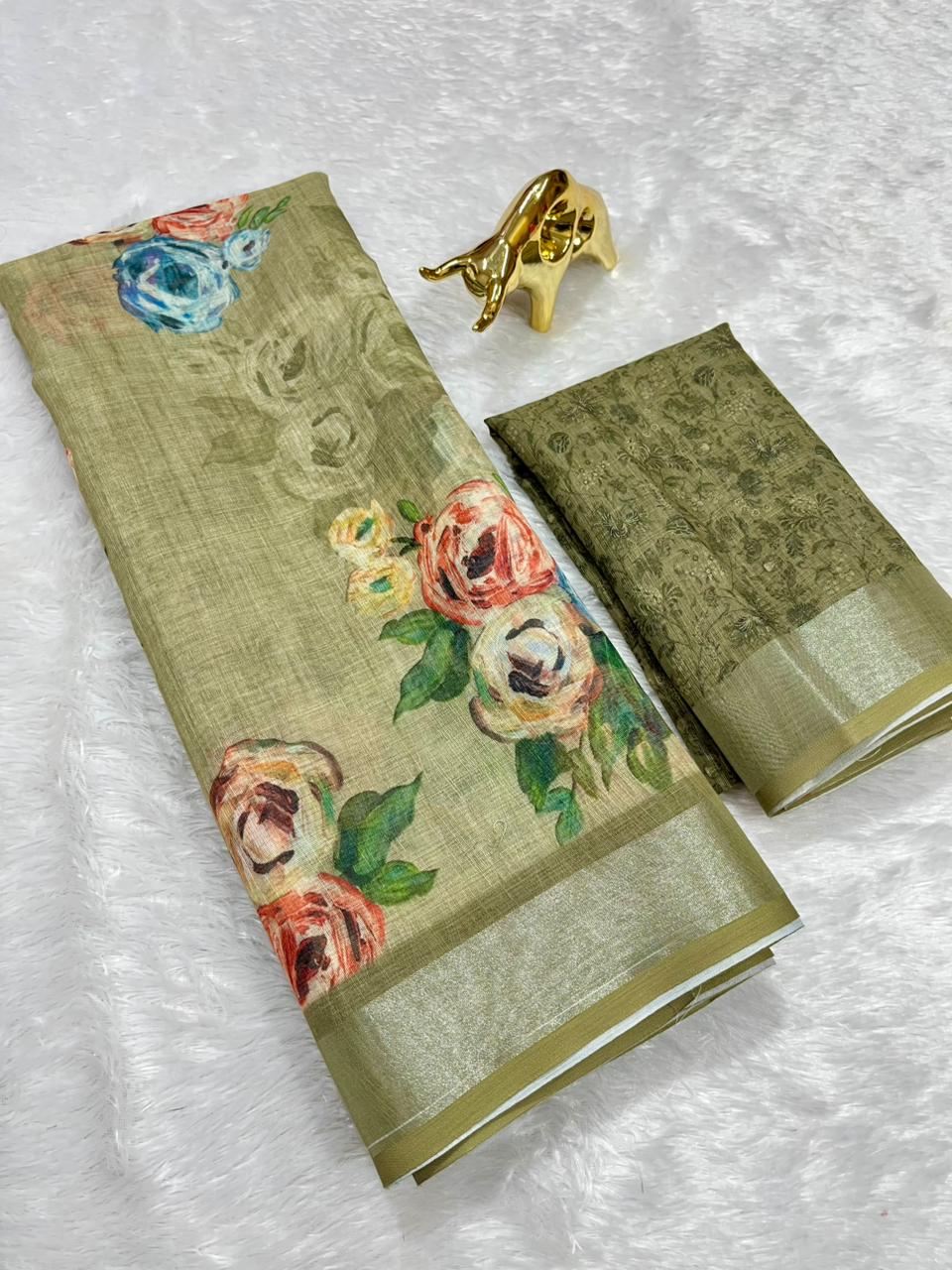 Linen Cotton Saree with Zari Weave Border & Floral Digital Prints