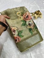Linen Cotton Saree with Zari Weave Border & Floral Digital Prints