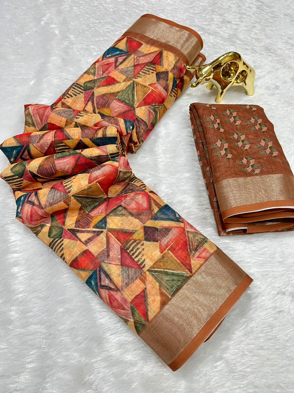 Linen Cotton Saree with Zari Weave Border & Geometric Digital Prints