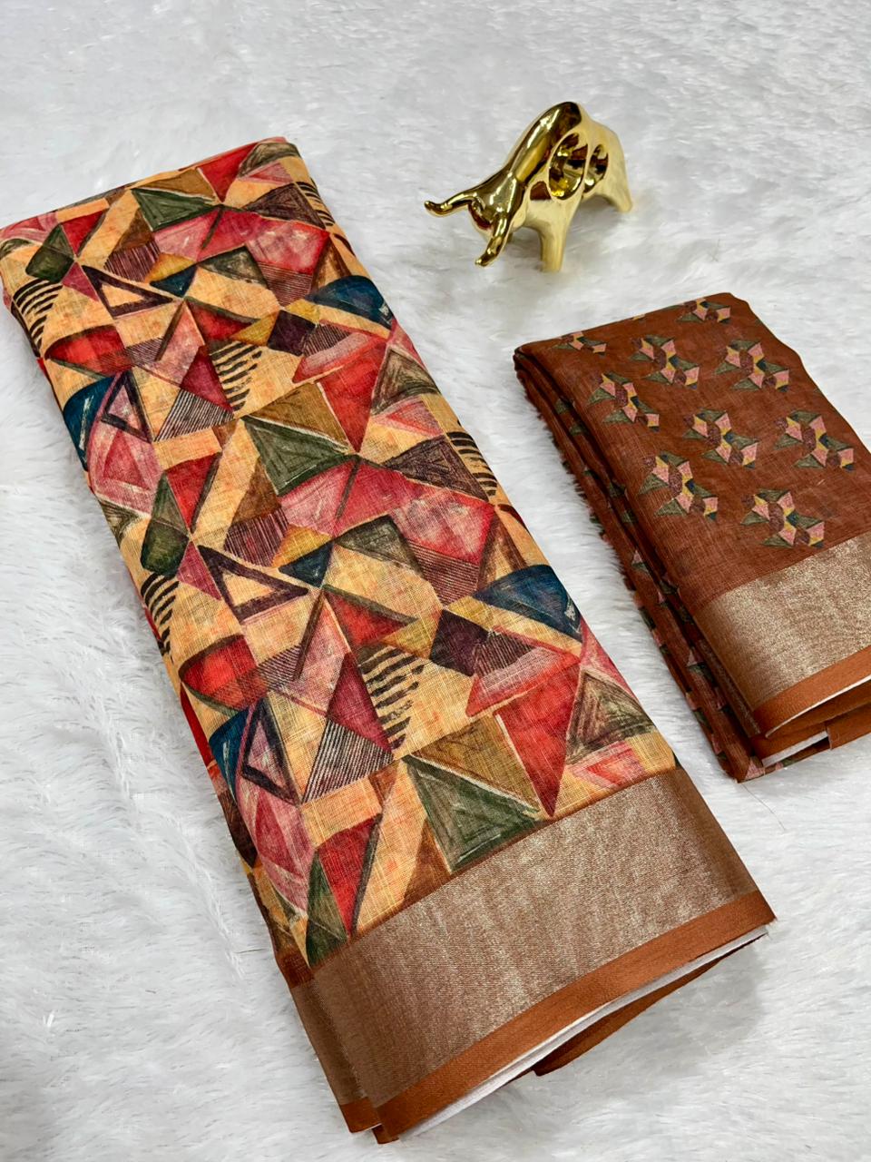 Linen Cotton Saree with Zari Weave Border & Geometric Digital Prints