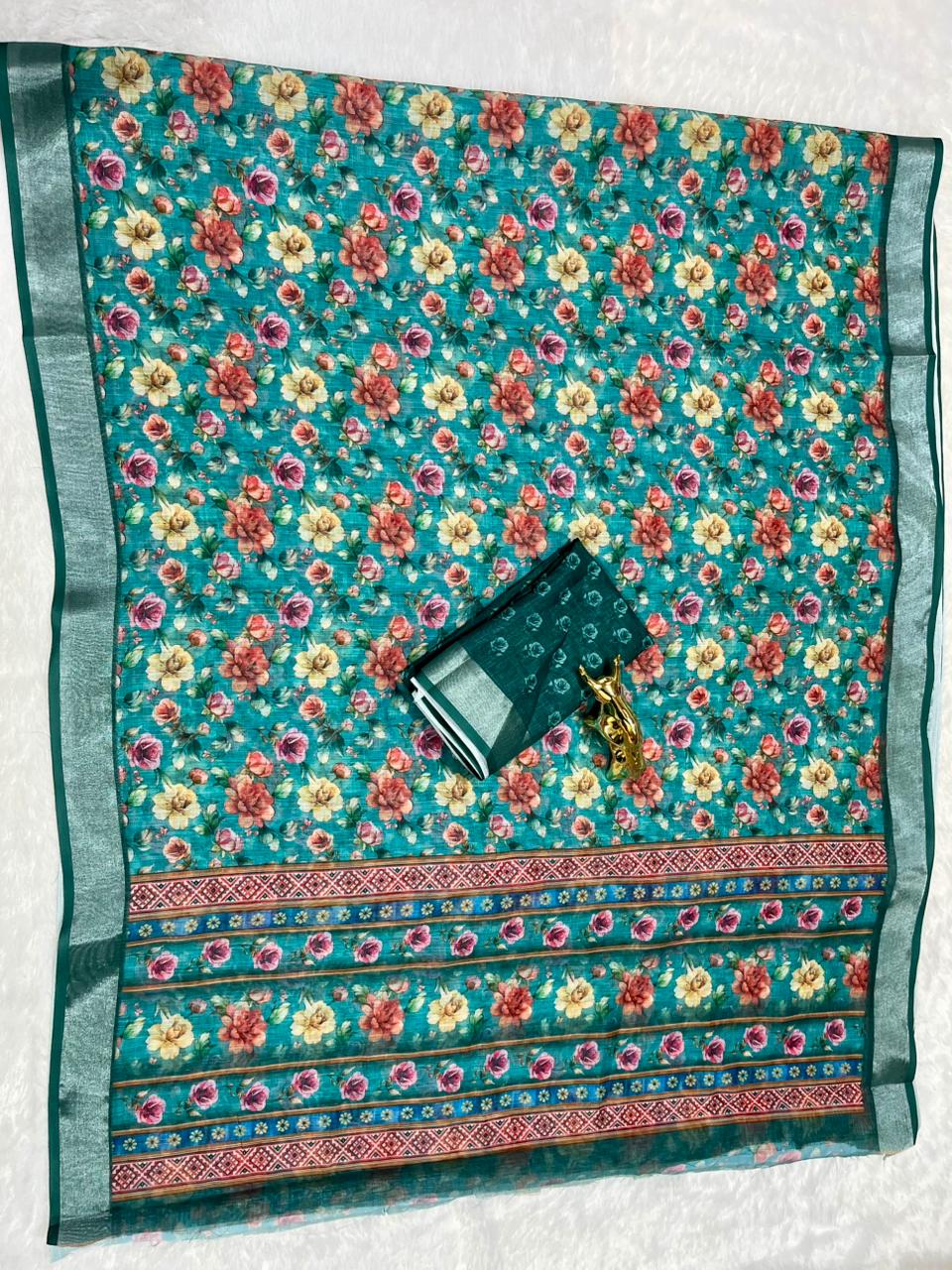 Linen Cotton Saree with Zari Weave Border & Floral Digital Prints