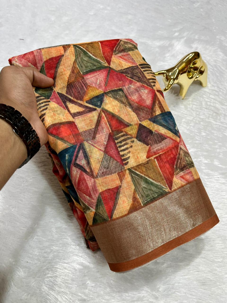 Linen Cotton Saree with Zari Weave Border & Geometric Digital Prints