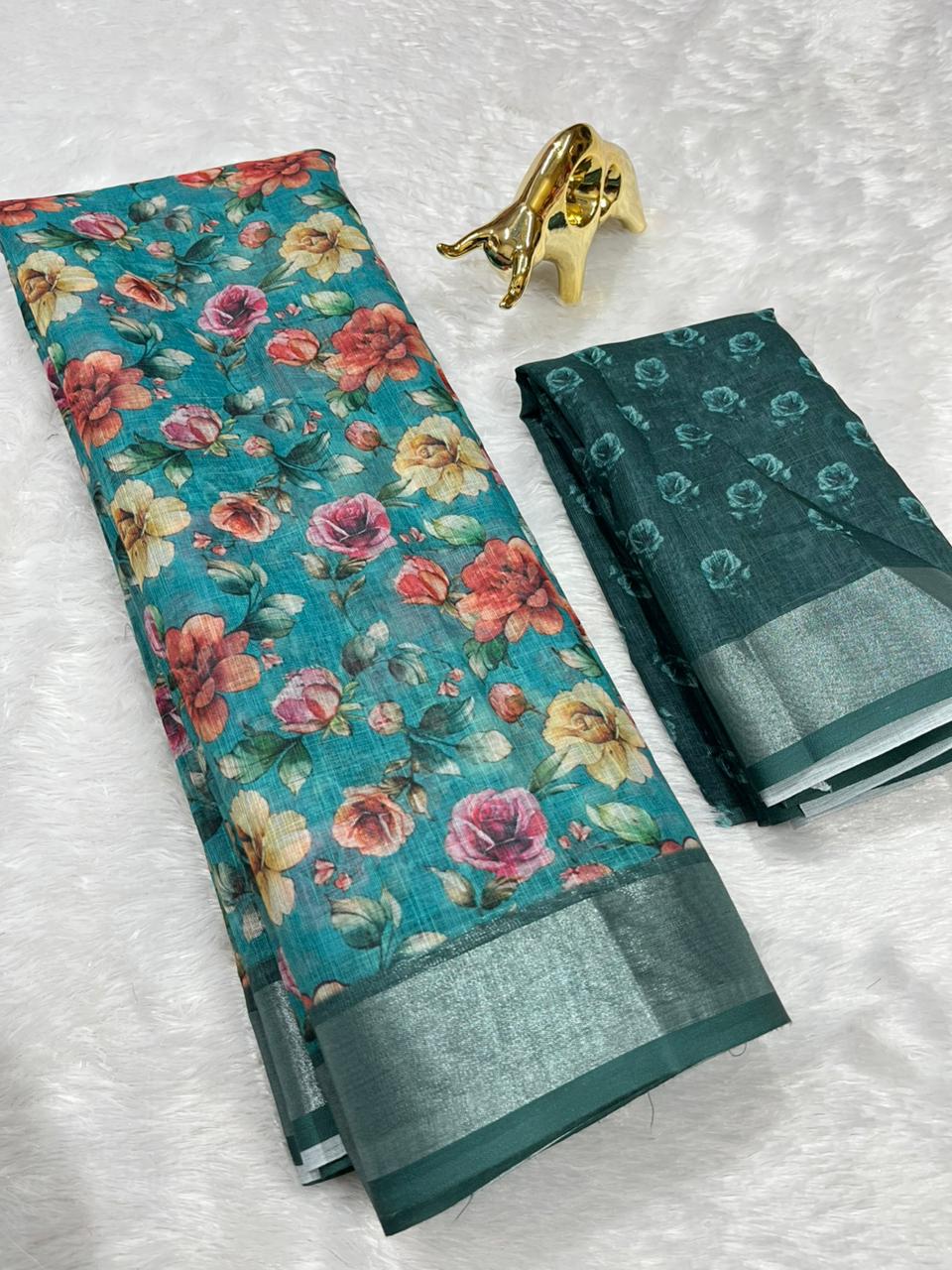 Linen Cotton Saree with Zari Weave Border & Floral Digital Prints