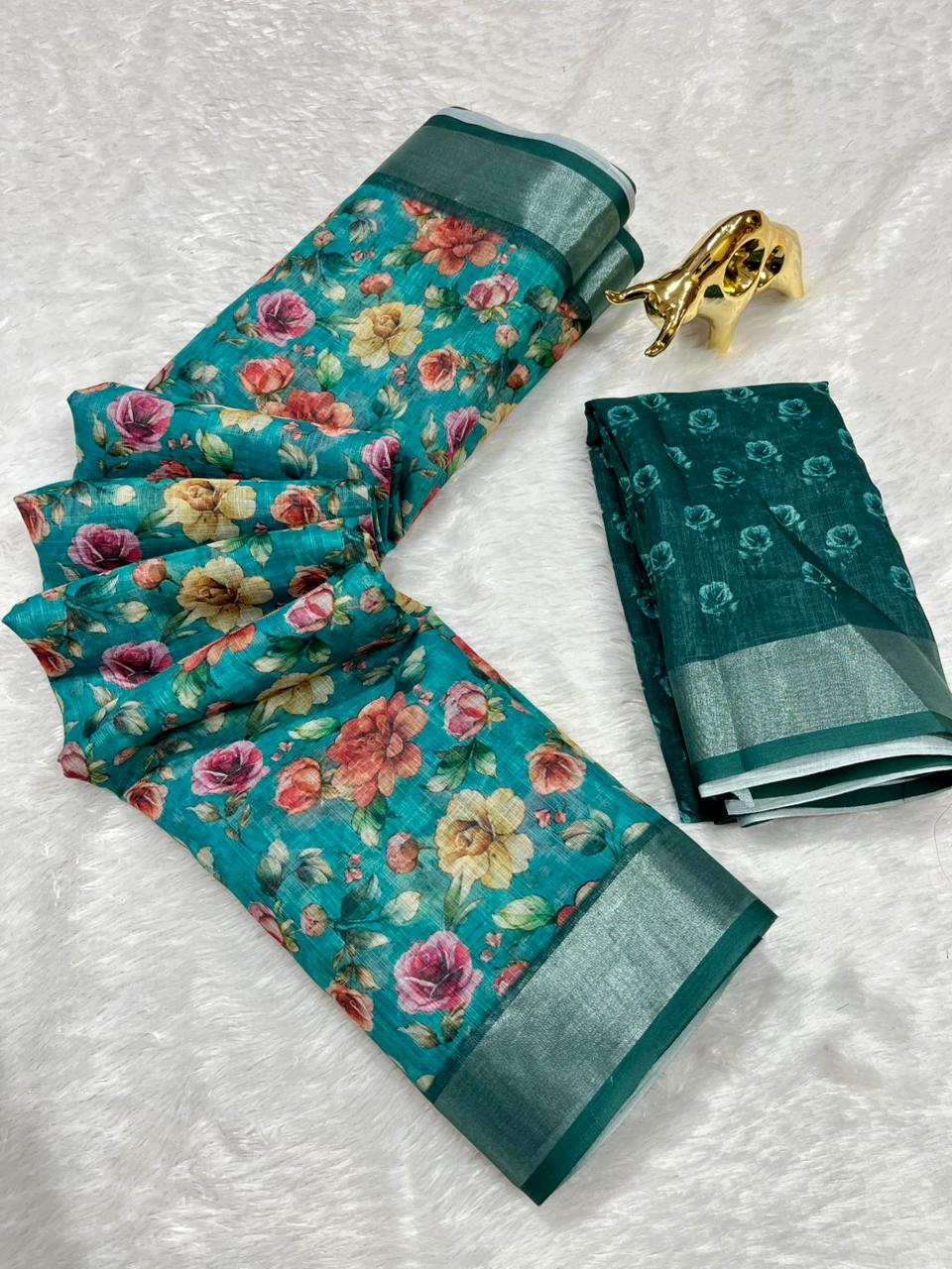 Linen Cotton Saree with Zari Weave Border & Floral Digital Prints