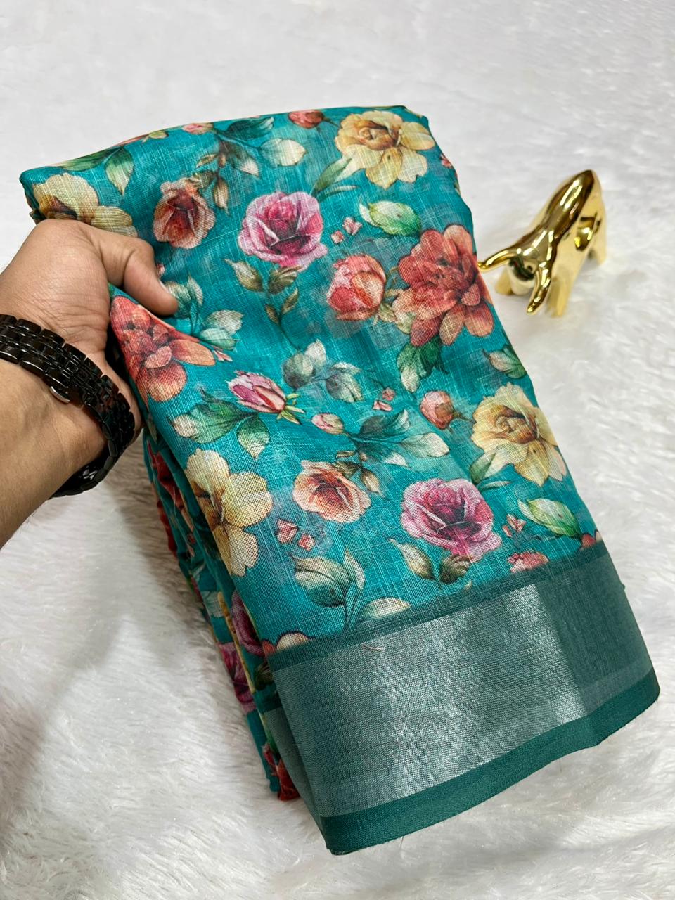 Linen Cotton Saree with Zari Weave Border & Floral Digital Prints