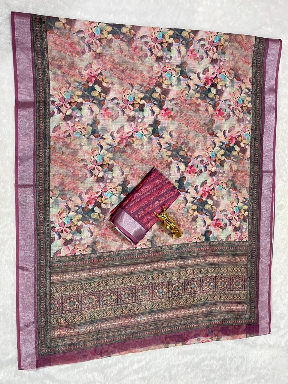 Linen Cotton Saree with Zari Weave Border & Floral Digital Prints