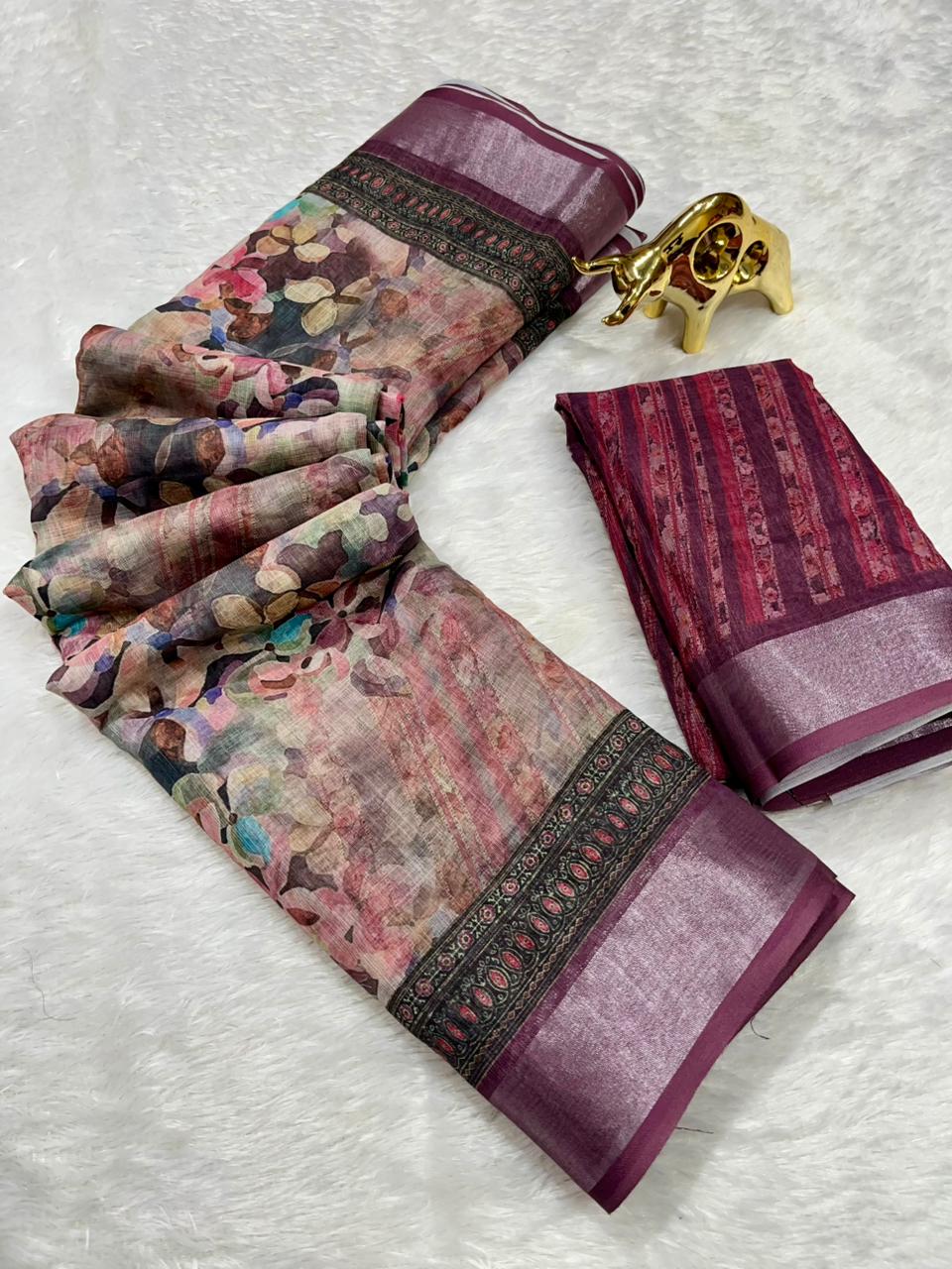 Linen Cotton Saree with Zari Weave Border & Floral Digital Prints