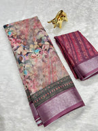 Linen Cotton Saree with Zari Weave Border & Floral Digital Prints