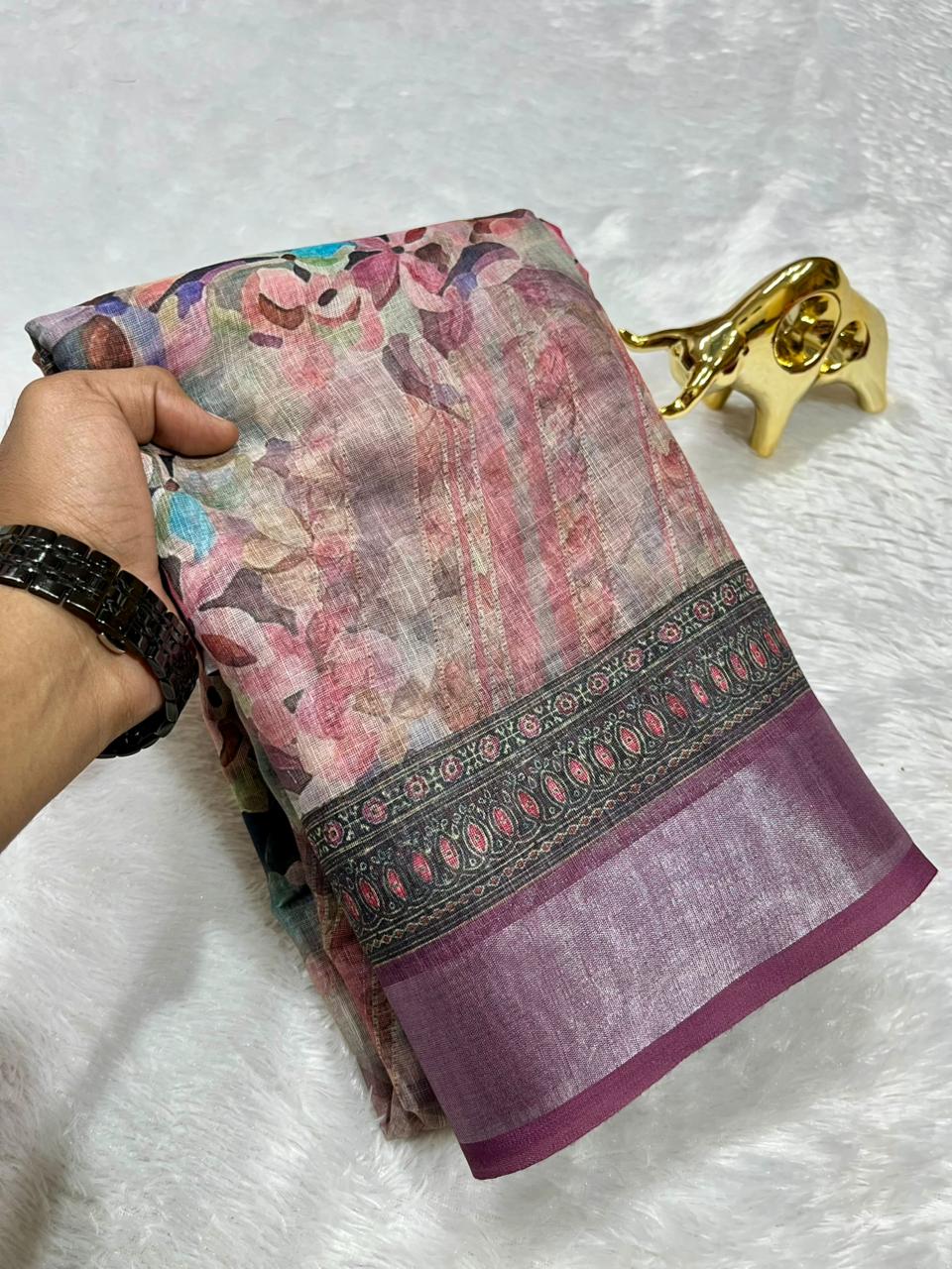 Linen Cotton Saree with Zari Weave Border & Floral Digital Prints