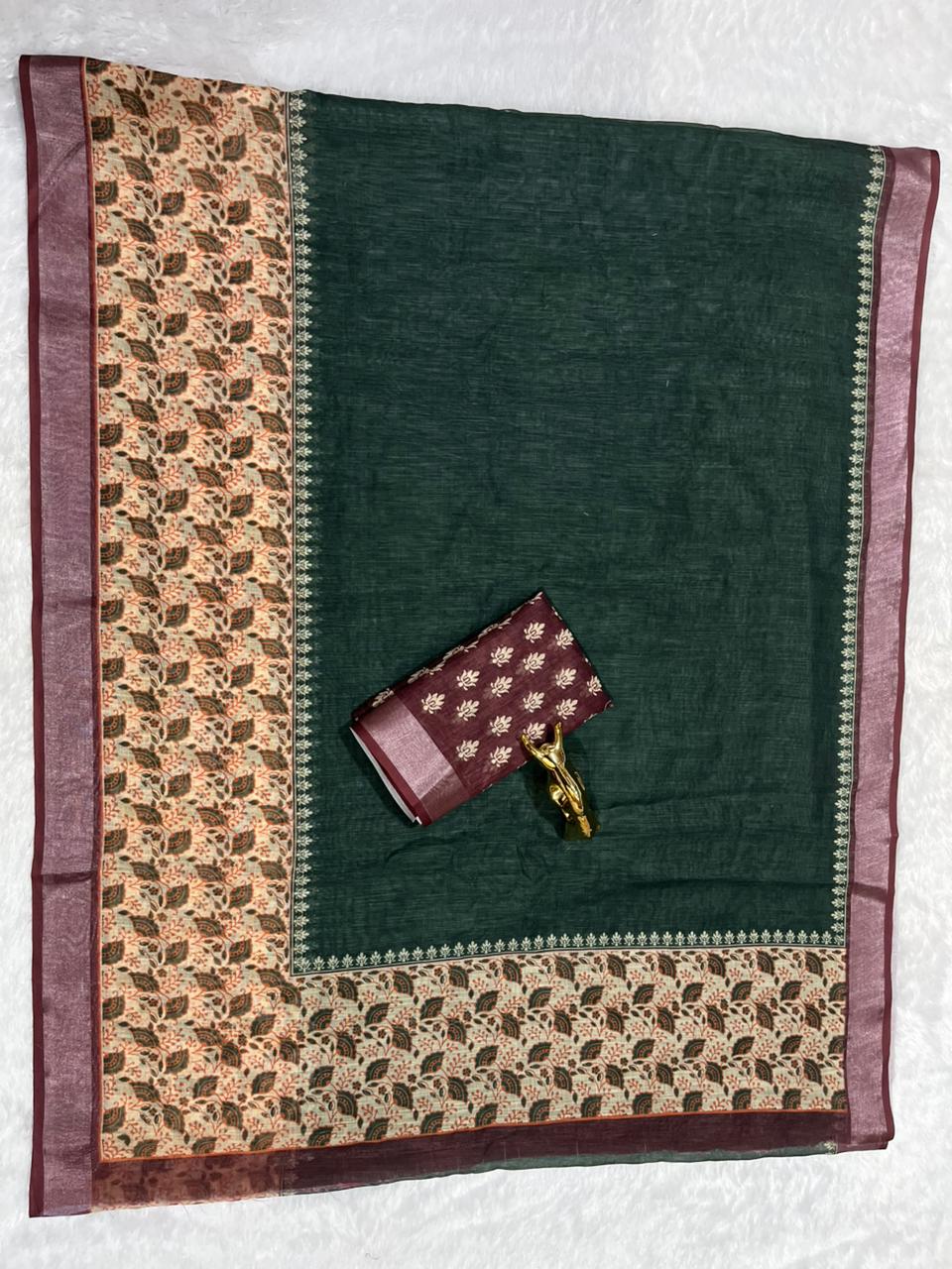 Linen Cotton Saree with Zari Weave Border & Floral Digital Prints