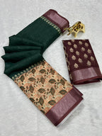 Linen Cotton Saree with Zari Weave Border & Floral Digital Prints