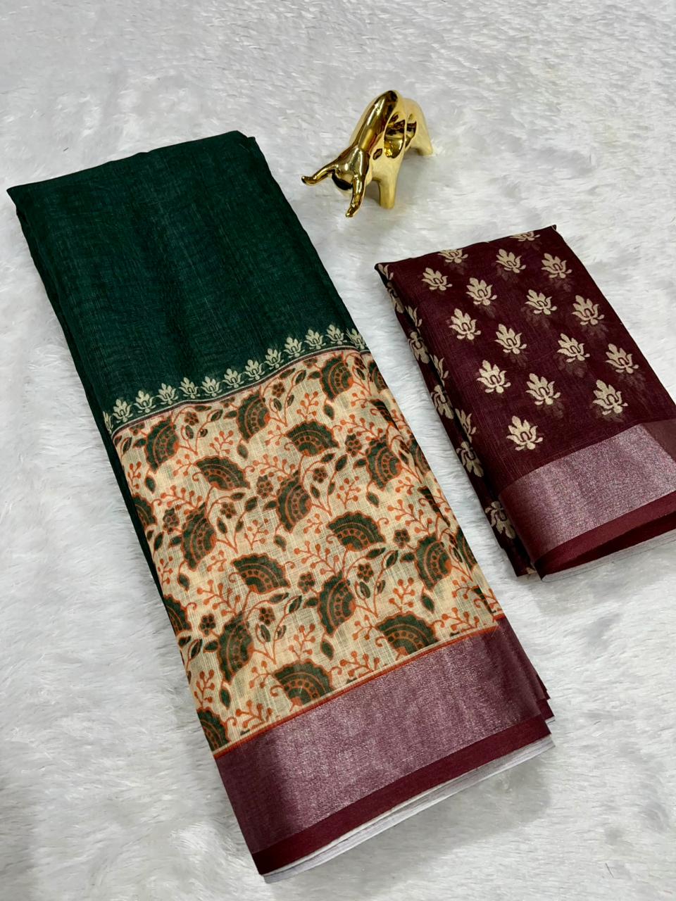 Linen Cotton Saree with Zari Weave Border & Floral Digital Prints