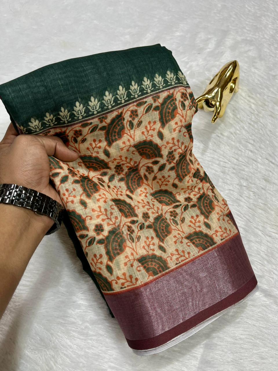 Linen Cotton Saree with Zari Weave Border & Floral Digital Prints