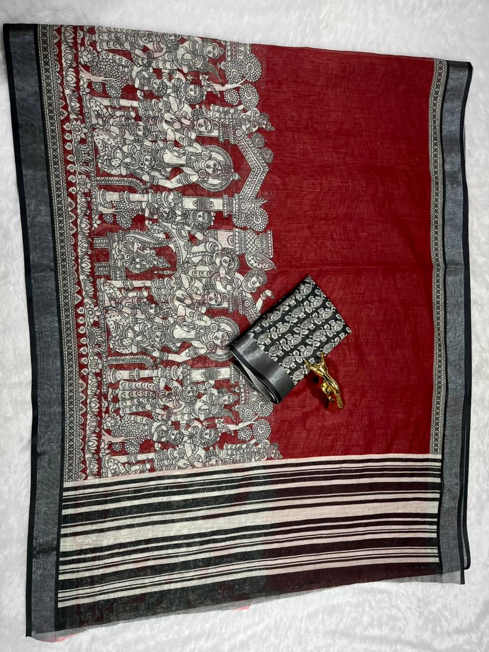 Linen Cotton Saree with Zari Weave Border & Pen Kalamkari Digital Prints