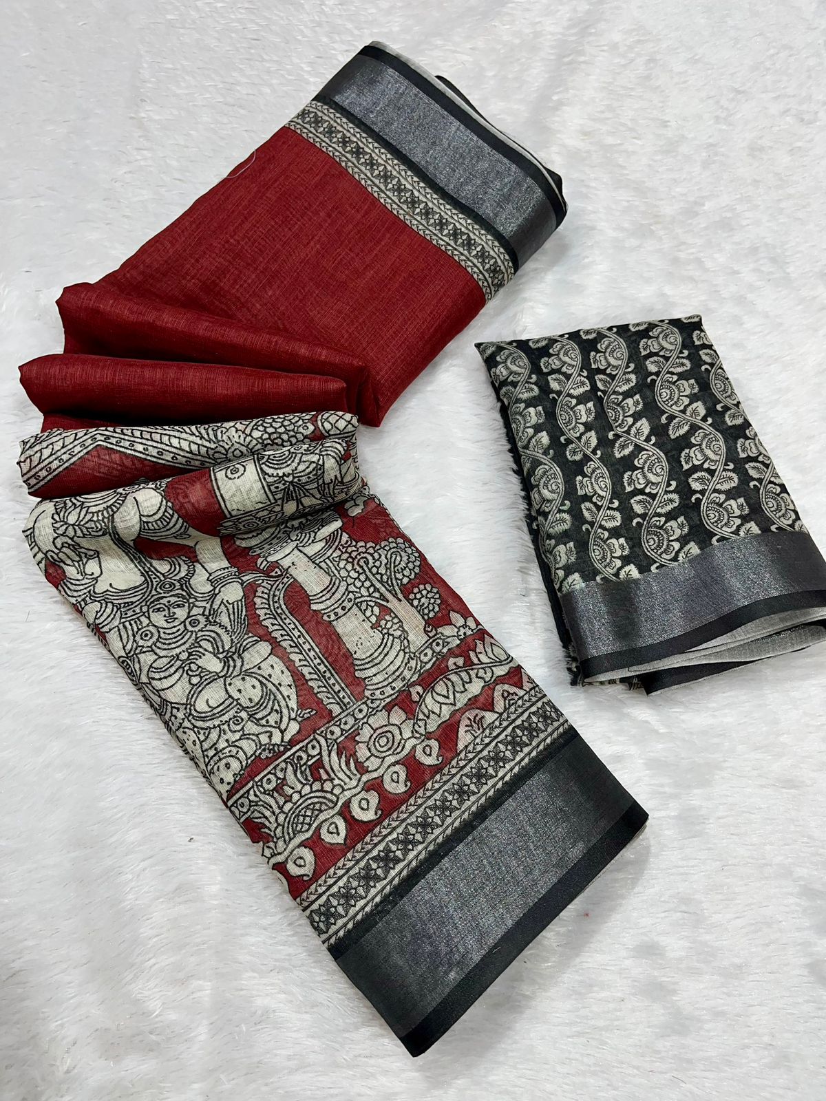 Linen Cotton Saree with Zari Weave Border & Pen Kalamkari Digital Prints