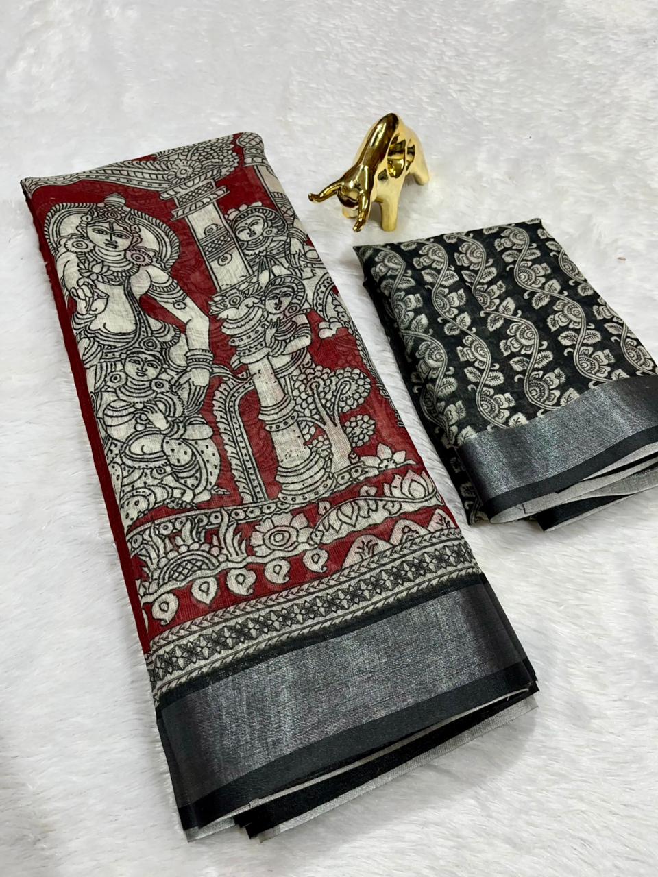 Linen Cotton Saree with Zari Weave Border & Pen Kalamkari Digital Prints
