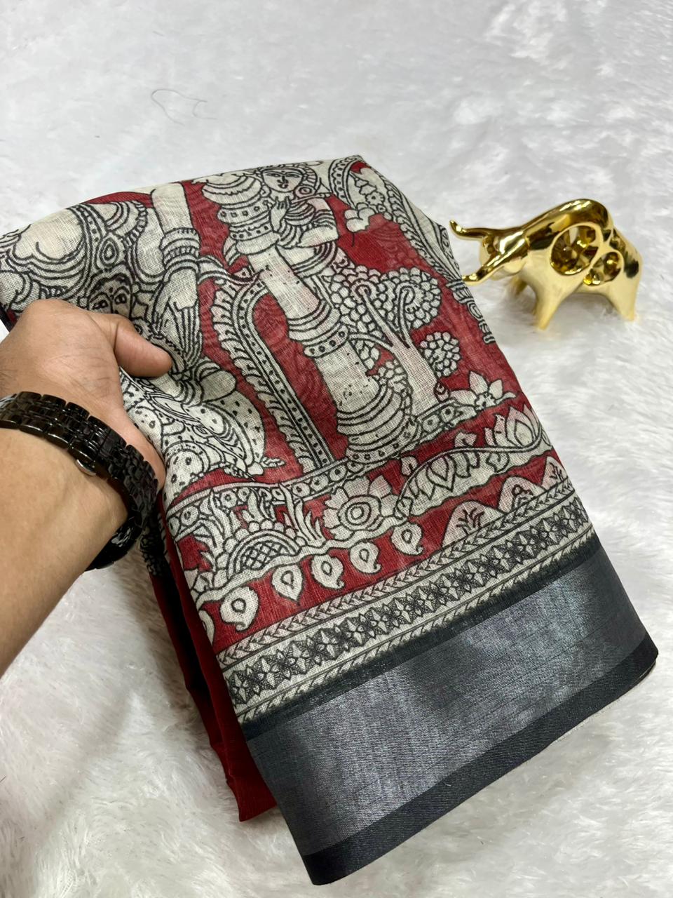Linen Cotton Saree with Zari Weave Border & Pen Kalamkari Digital Prints