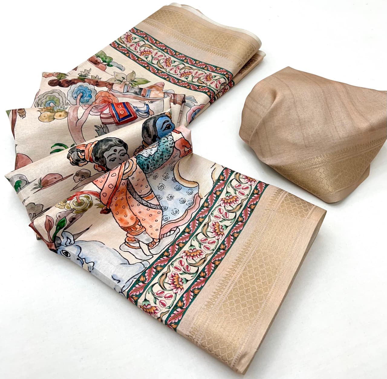 Cream Soft Tussar Silk Saree with Pen Kalamkari Digital Prints