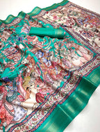 Teal Blue Soft Tussar Silk Saree with Pen Kalamkari Digital Prints