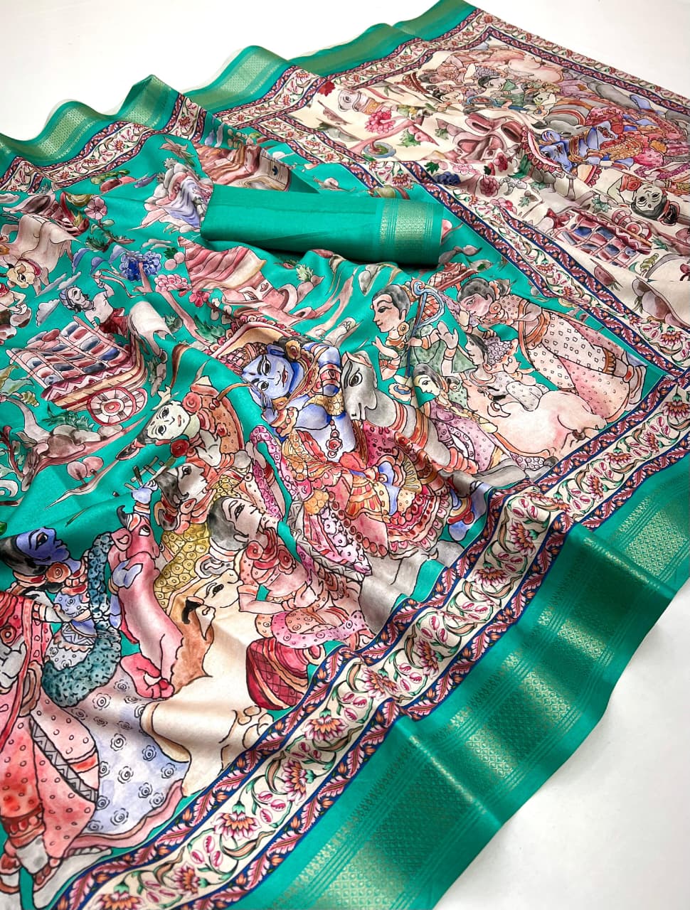 Teal Blue Soft Tussar Silk Saree with Pen Kalamkari Digital Prints