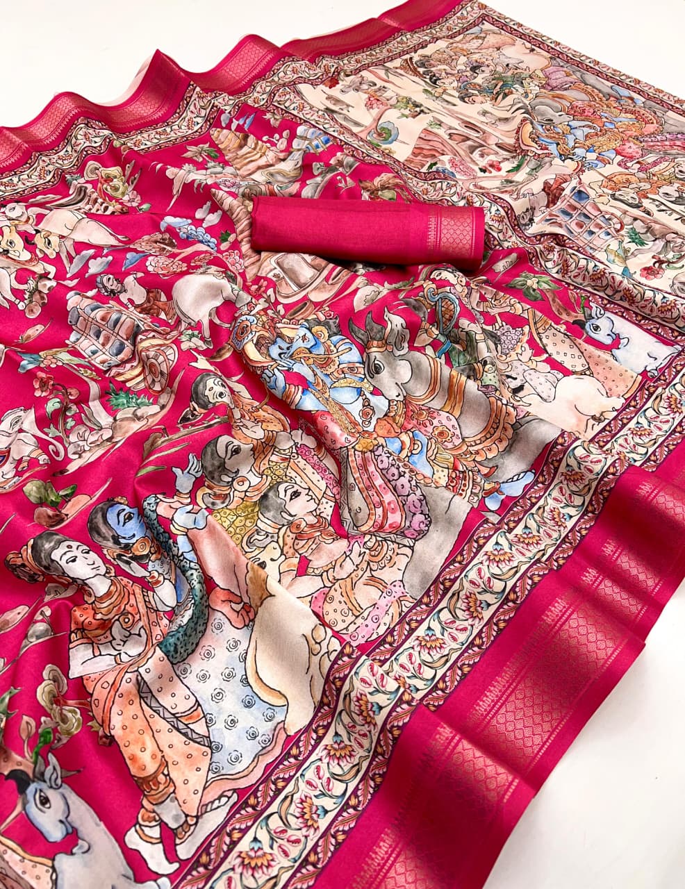 Hot Pink Soft Tussar Silk Saree with Pen Kalamkari Digital Prints