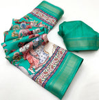 Teal Blue Soft Tussar Silk Saree with Pen Kalamkari Digital Prints