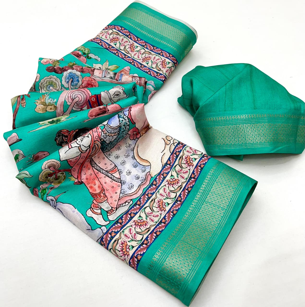 Teal Blue Soft Tussar Silk Saree with Pen Kalamkari Digital Prints