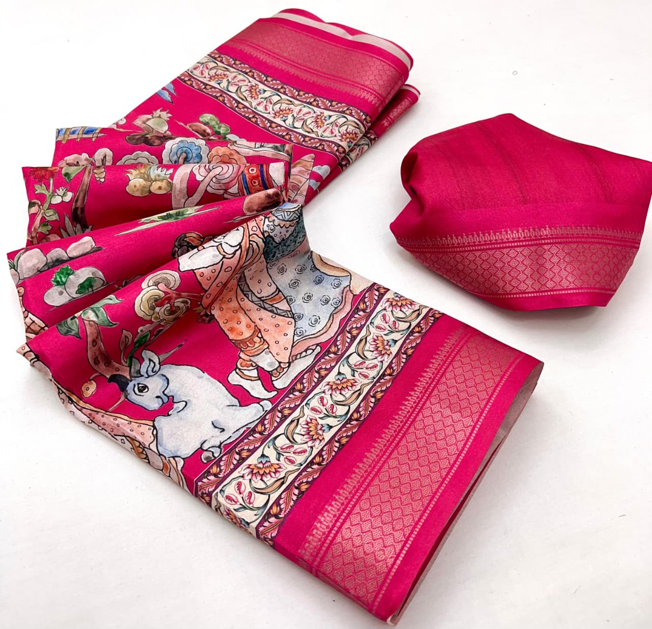 Hot Pink Soft Tussar Silk Saree with Pen Kalamkari Digital Prints