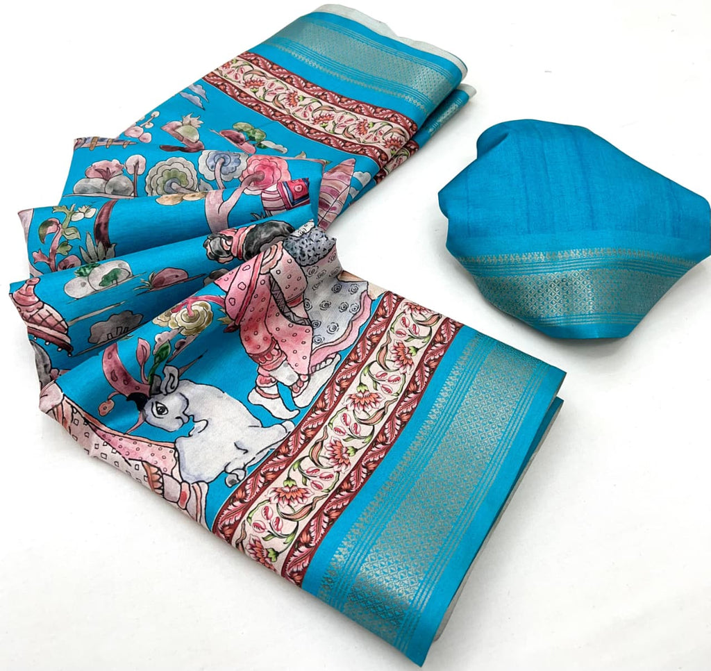 Blue Soft Tussar Silk Saree with Pen Kalamkari Digital Prints