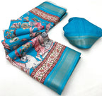 Blue Soft Tussar Silk Saree with Pen Kalamkari Digital Prints