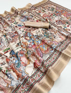 Cream Soft Tussar Silk Saree with Pen Kalamkari Digital Prints