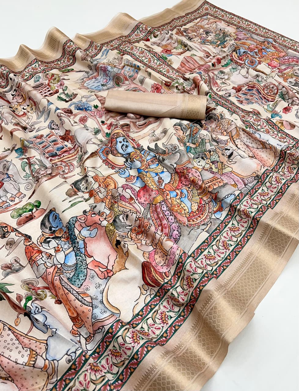 Cream Soft Tussar Silk Saree with Pen Kalamkari Digital Prints