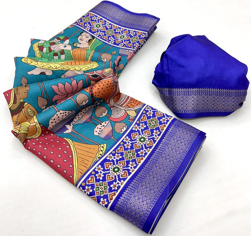 Blue Soft Tussar Silk Saree with Pen Kalamkari Digital Prints