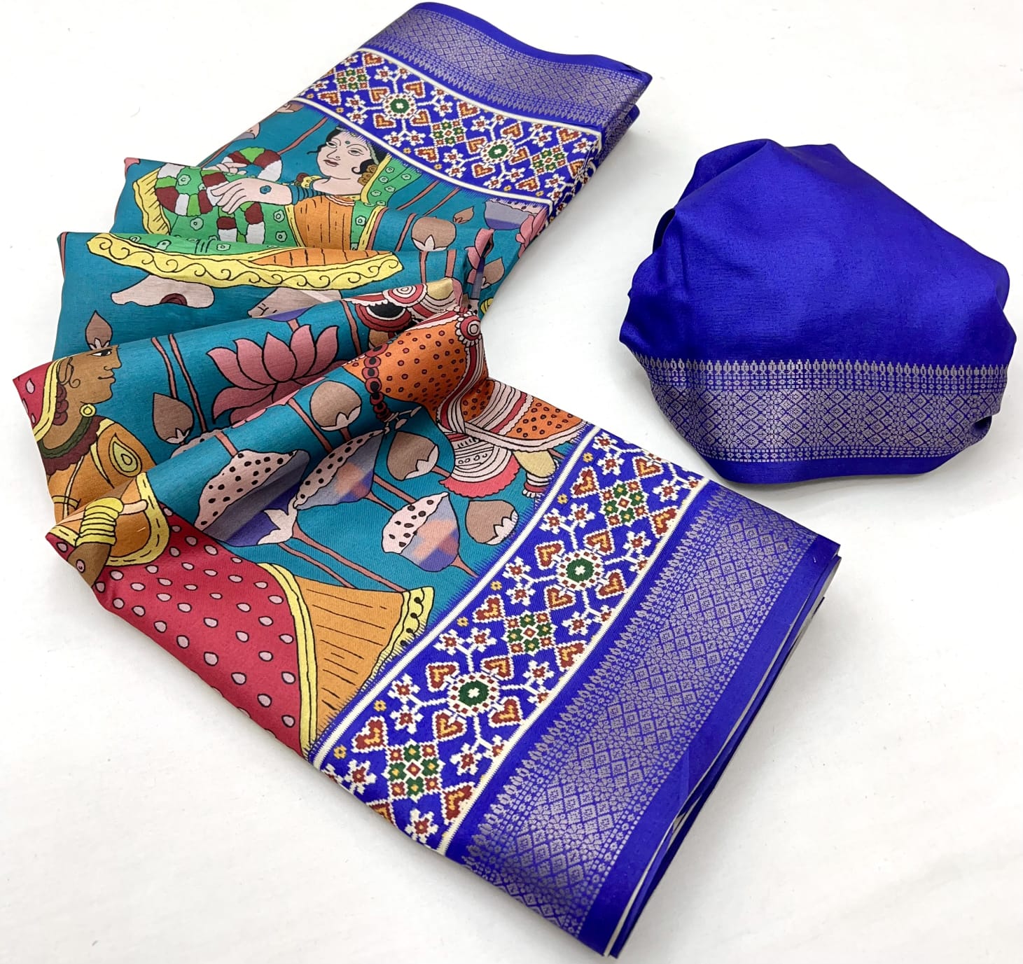 Blue Soft Tussar Silk Saree with Pen Kalamkari Digital Prints