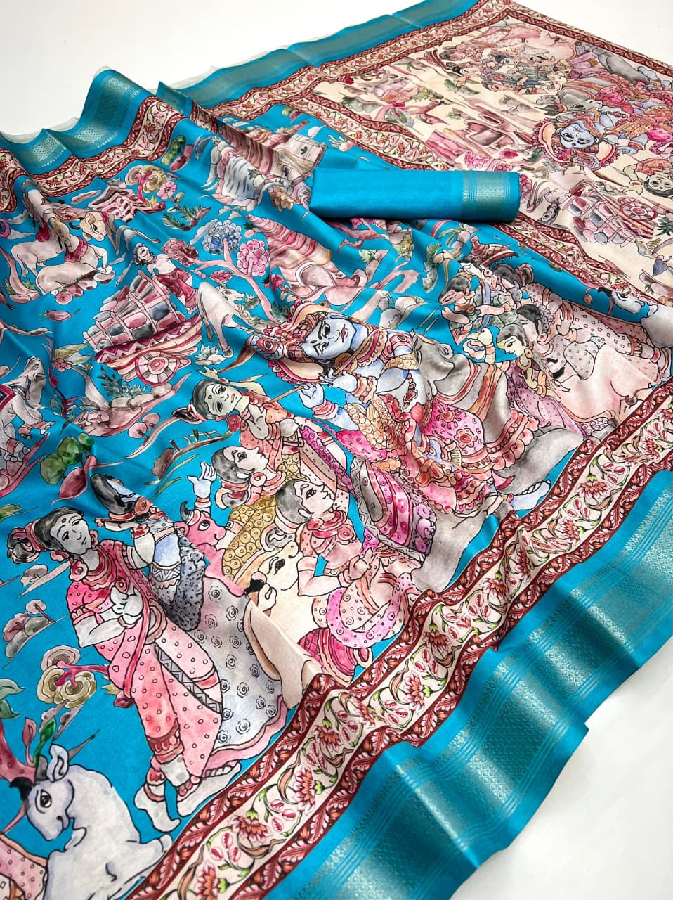 Blue Soft Tussar Silk Saree with Pen Kalamkari Digital Prints