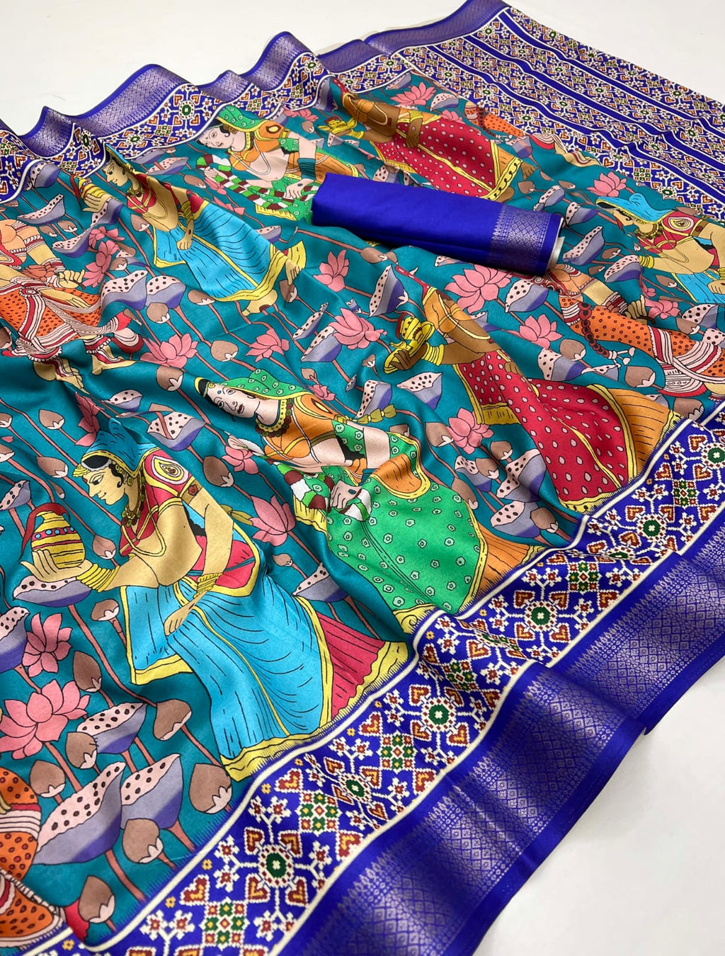 Blue Soft Tussar Silk Saree with Pen Kalamkari Digital Prints