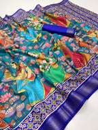 Blue Soft Tussar Silk Saree with Pen Kalamkari Digital Prints
