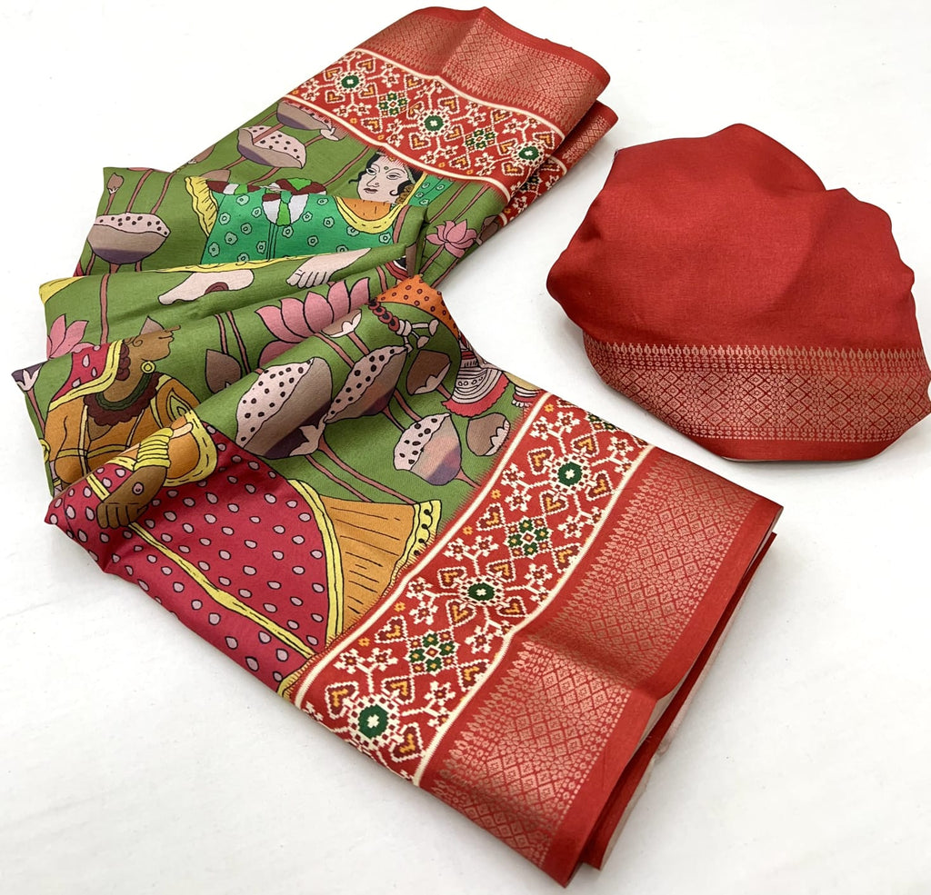 Mehendi Soft Tussar Silk Saree with Pen Kalamkari Digital Prints