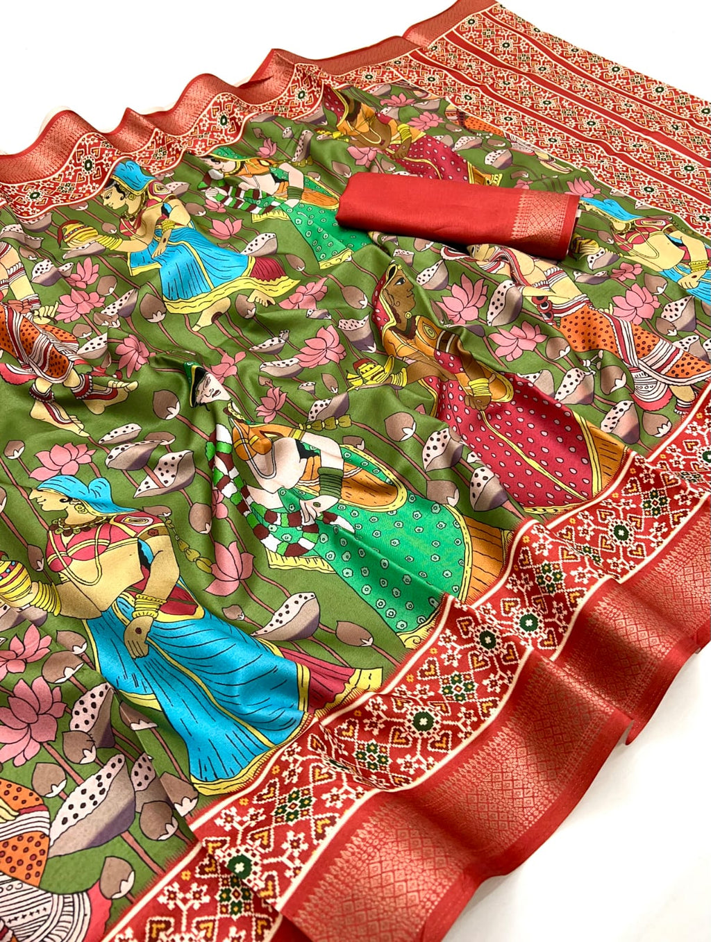 Mehendi Soft Tussar Silk Saree with Pen Kalamkari Digital Prints