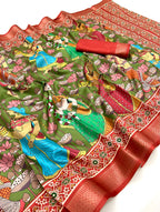 Mehendi Soft Tussar Silk Saree with Pen Kalamkari Digital Prints