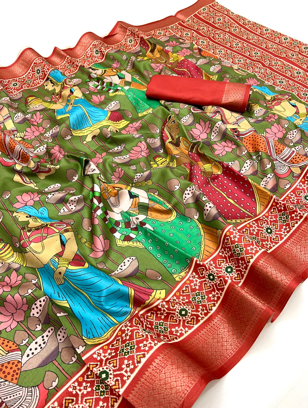 Mehendi Soft Tussar Silk Saree with Pen Kalamkari Digital Prints