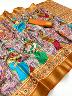 Grey Soft Tussar Silk Saree with Pen Kalamkari Digital Prints