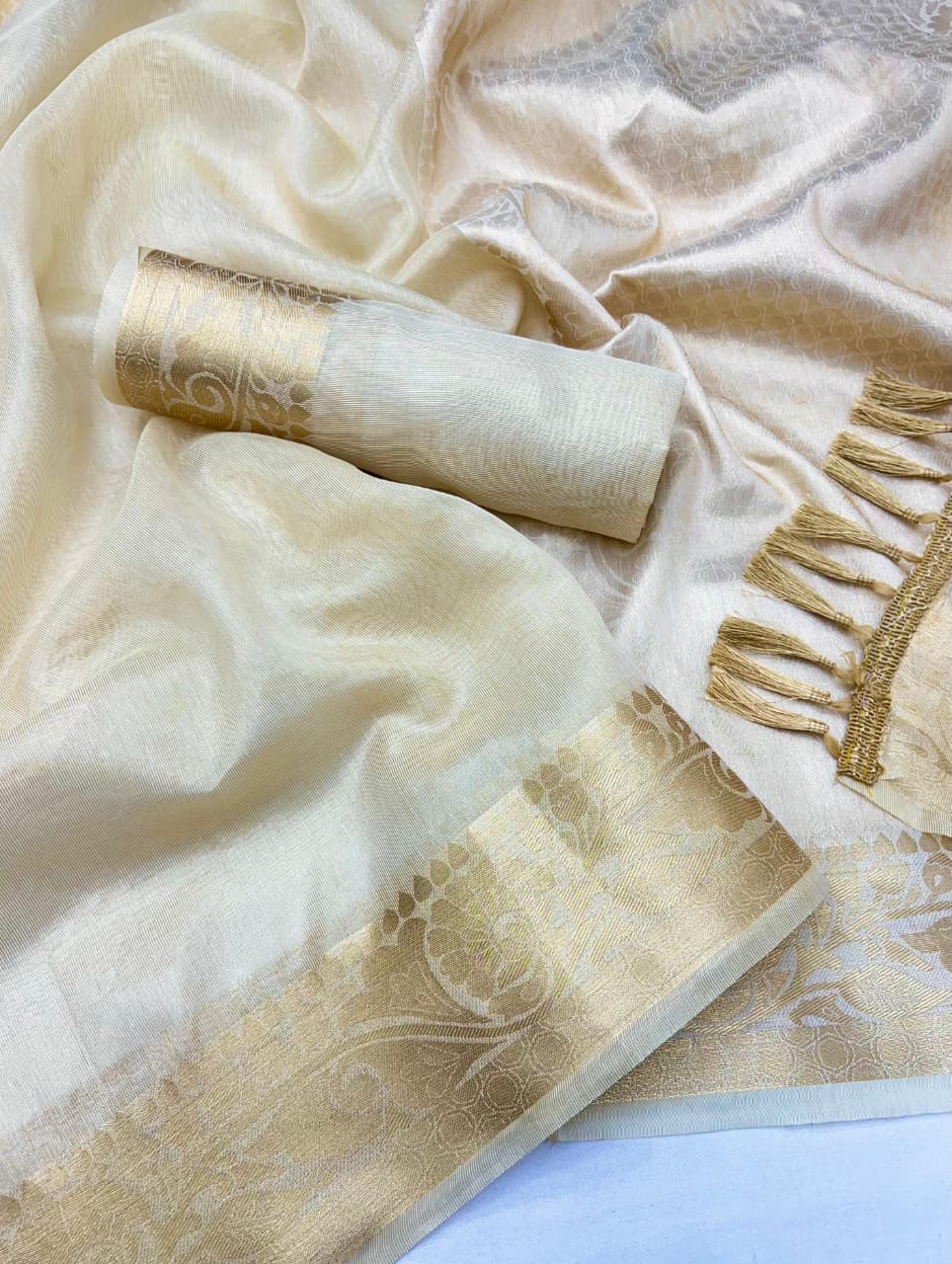 Eshmira Tissue Silk Saree – Cream Jacquard Weave