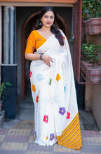 Soft Plain Linen Cotton Saree with Stripe Pallu & Floral Digital Prints