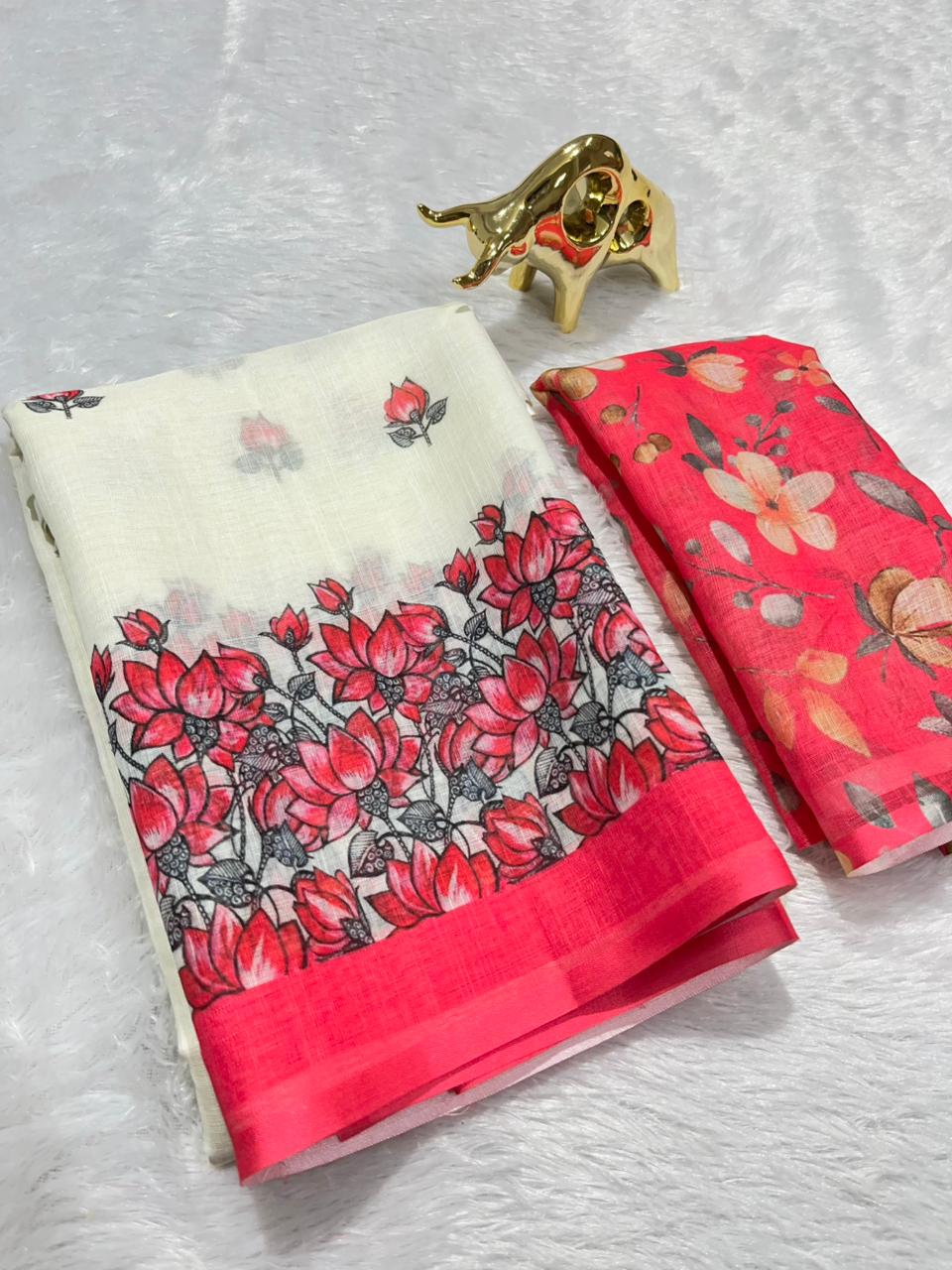 Off-White Soft Linen Cotton Saree with Floral Digital Prints & Contrast Blouse