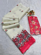 Off-White Soft Linen Cotton Saree with Floral Digital Prints & Contrast Blouse