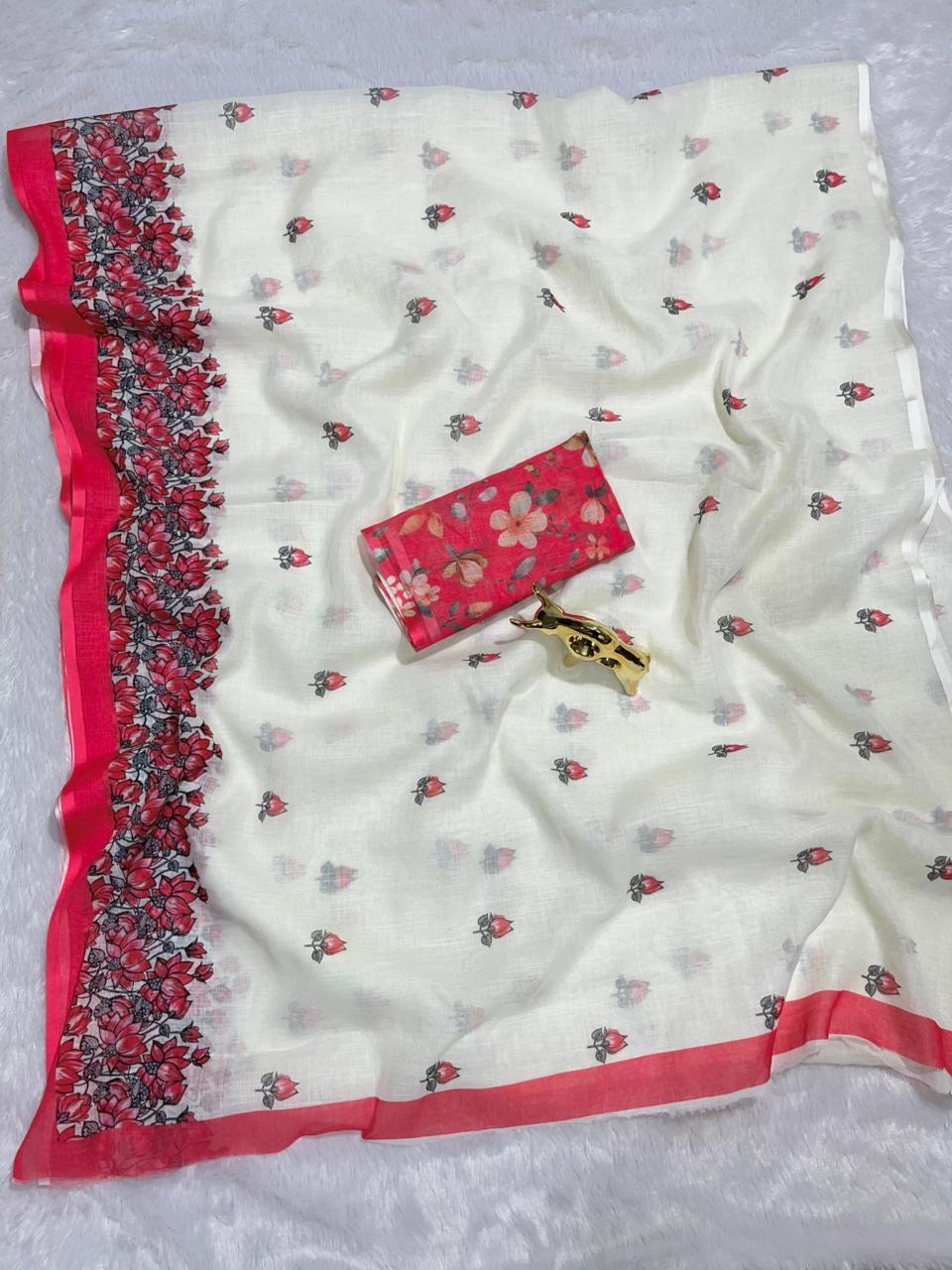Off-White Soft Linen Cotton Saree with Floral Digital Prints & Contrast Blouse
