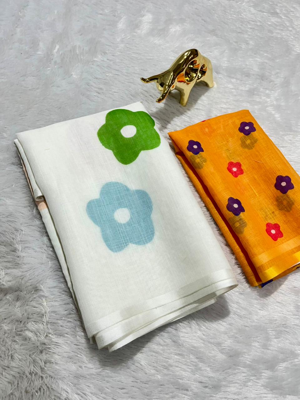 Soft Plain Linen Cotton Saree with Stripe Pallu & Floral Digital Prints