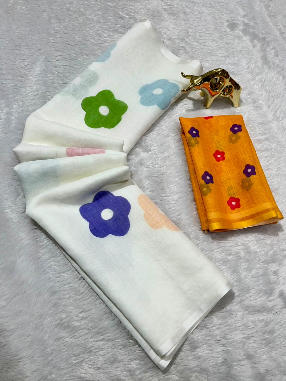 Soft Plain Linen Cotton Saree with Stripe Pallu & Floral Digital Prints